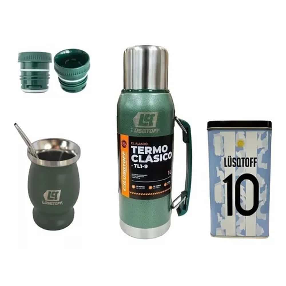 Termo de Acero Inoxidable Verde 1lts + Yerbera Lusqtoff